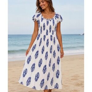 Devi White‎ Blue Floral Maxi Dress M- L 100% Rayon India Boho Beach Resort Core